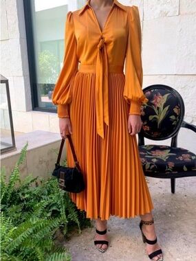 L'ATISTE Orange Satin Pleated Midi Dress